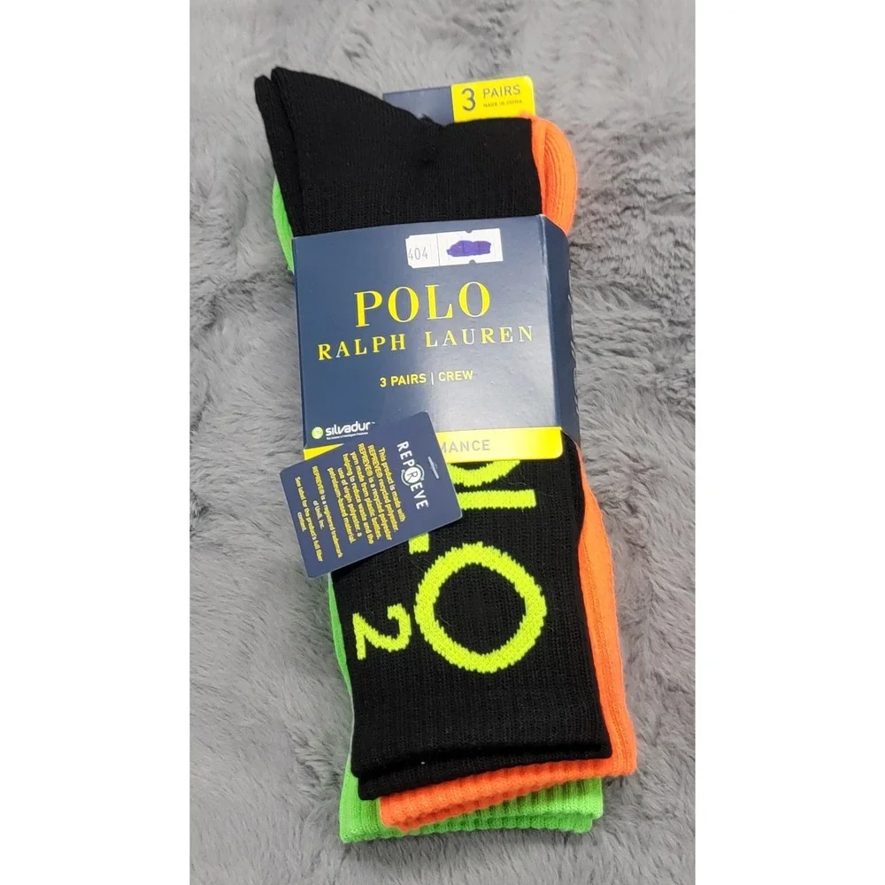 Polo Ralph Lauren Socks Mens 10-13 Multicolor Polo 1992 Performance Crew 3 Pairs